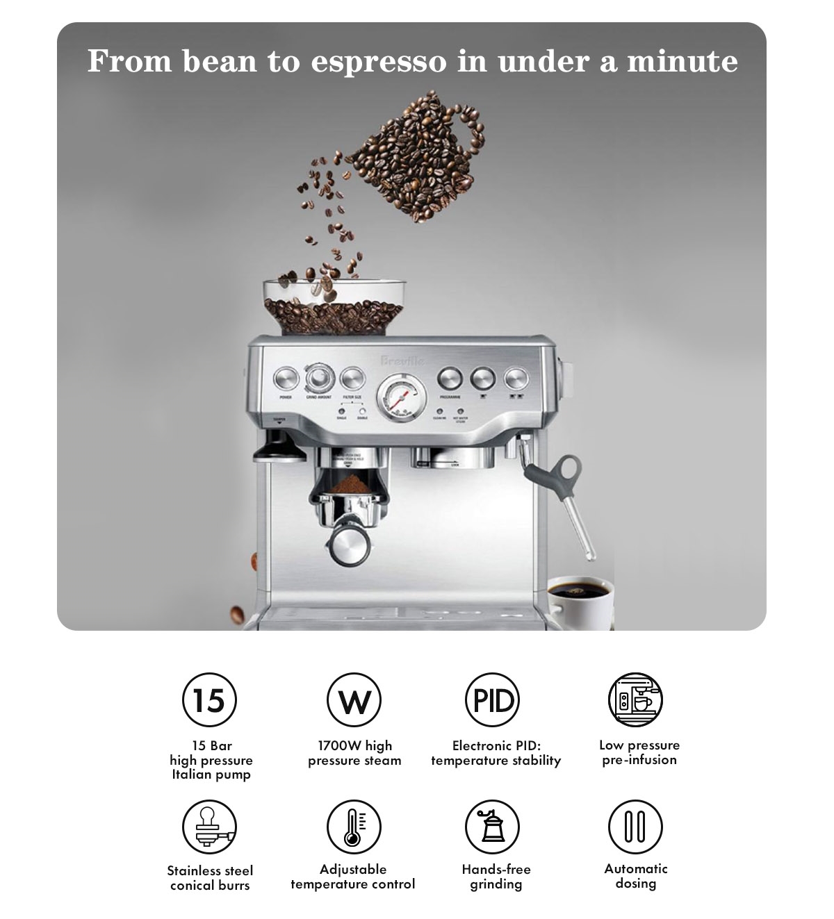 Breville BES870CHR Barista Express Espresso Coffee Machine (Charcoal